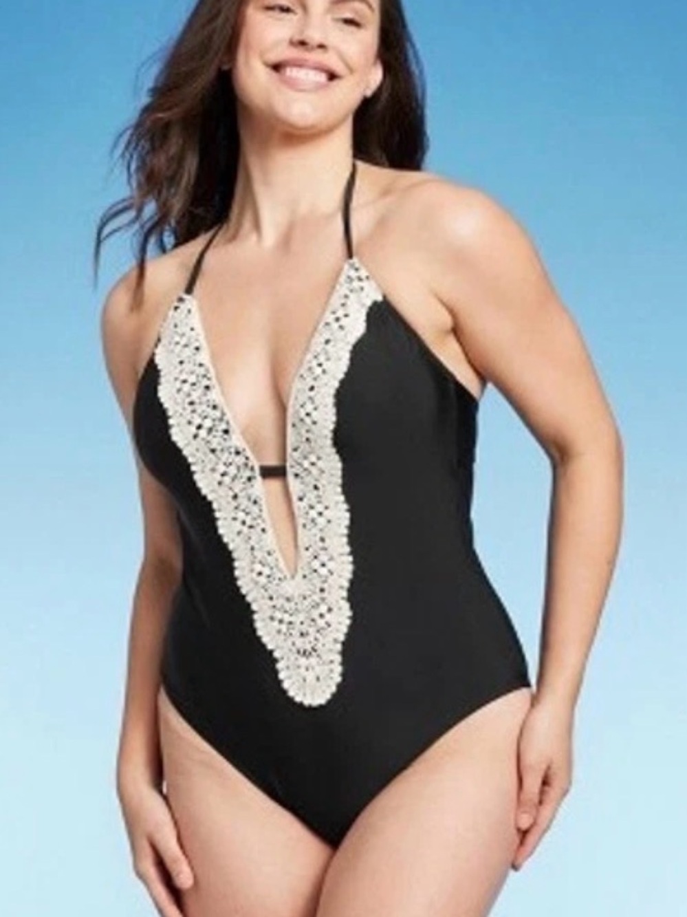 Black One Piece Swimsuit White Crochet Lace Deep V Liner Intact